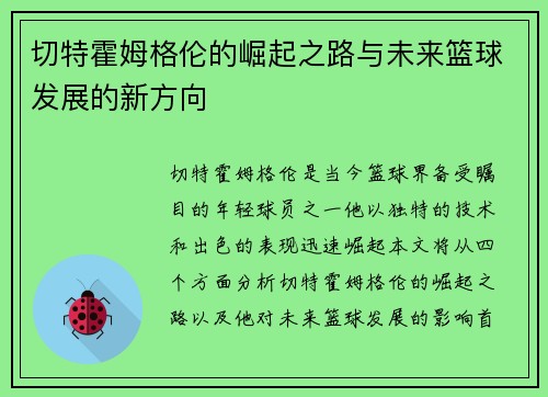 切特霍姆格伦的崛起之路与未来篮球发展的新方向
